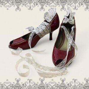 Vintage Burgundy red peep toe kitten heels with white lace
